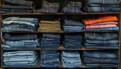 A retail display featuring stacks of jeans and denim jackets - arranged by color and size - inviting shoppers to browse and buy