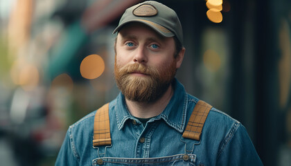 man wearing denim overalls with a cap