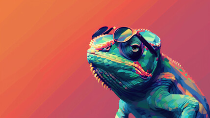 Fashionable Chameleon: Sunglasses on Solid Color Background, Vector Art with Minimalistic Faceted Design and Abstract Panorama Background - Unique Generative AI Illustration