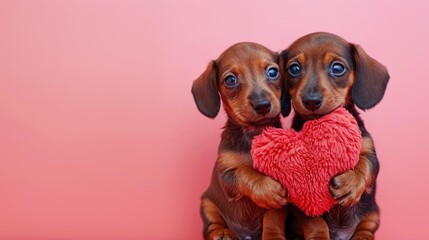 Two Playful Dachshund Puppies Sharing a Red Heart-Shaped Pillow on a Pink Background,  copy space
