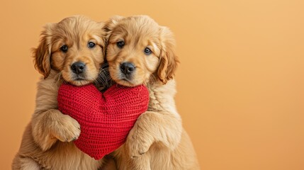 Adorable two Golden Retriever Puppies Holding red Plush Heart on a brown Background,  copy space,  