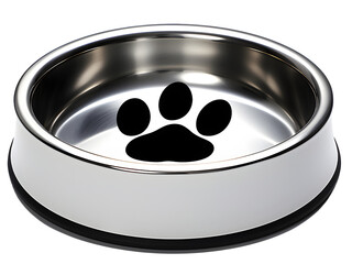 silver metal bowl for pet eating with dog paw 