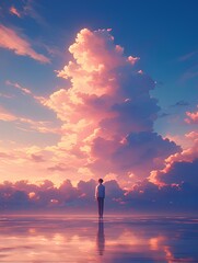 A lake where the sky and clouds of beautiful purple sunset are reflected. A boy standing on the surface of the water. Japanese animation style illustration. generative AI