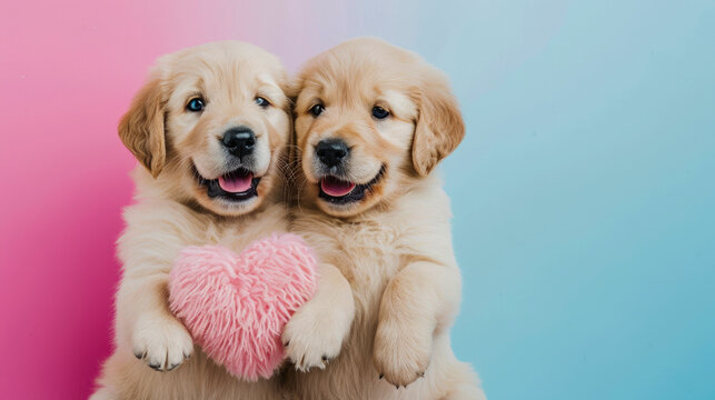 Adorable two Golden Retriever Puppies Holding pink Plush Heart on a Split Pink and teal Background,  copy space,  