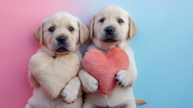 Adorable two Labrador Retriever Puppies Holding Red Plush Heart on a Split Pink and Blue Background,  copy space,  