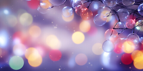 Obraz na płótnie Canvas Colorful Bulbs Lights Christmas Background Natural Winter Bokeh Light, Out Of Focus Glow A Garland Of Cool Hued Christmas Textures Perfect, Festive bright colored Christmas garland, Generative AI
