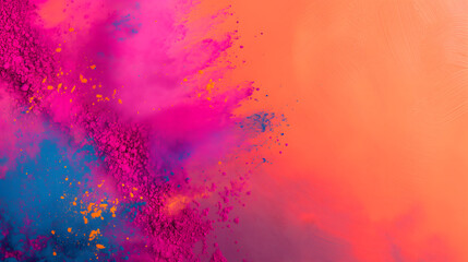 Vibrant colorful splattered pink and blue pigment powders on orange background at the left side of image. Suitable for Holi festival presentations or banner design.