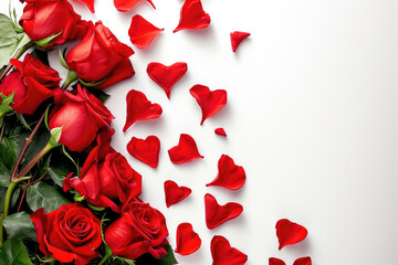 A bouquet of red roses with heart-shaped petals scattered around them