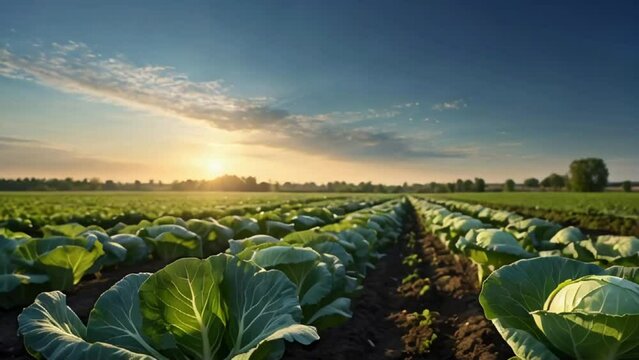 fresh cabbage growing in a harvest field