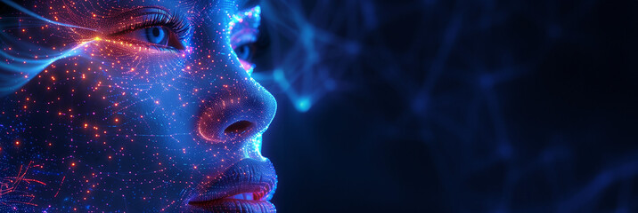 Artificial intelligence banner concept. AI banner. AI face mapping. Creator face. Tech banner. Futuristic banner. Woman Face with digital biometric facial recognition. AI beauty. Cyber banner.