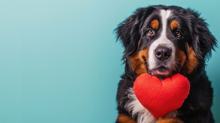 Affectionate Bernese Mountain Dog holding a red heart plush, perfect for Valentine's Day cards or pet product marketing   isolated background, copy space, - obrazy, fototapety, plakaty