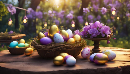 Ostern bunte bemalte Eier Dekoration mit Grün und Blumen frühlingshaft frisch in hellen Pastell...