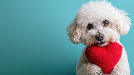 cute happy Bichon Frise holding stuffed red heart shape with his paws , isolated on teal...