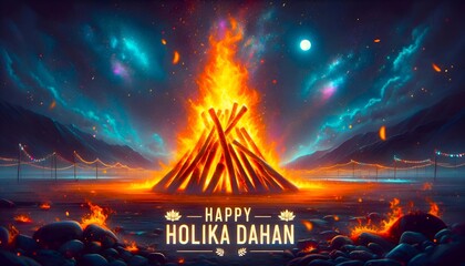 Holika dahan celebration background with large bonfire at night.
