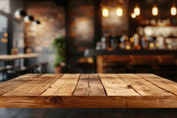 Wood table top on blur restaurant interior background  - obrazy, fototapety, plakaty