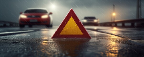 Red warning triangle is on wet road while bad weather, car accident, banner. Generative Ai.