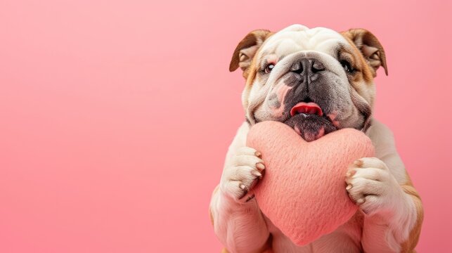 Charming adult bulldog holding a pink heart-shaped pillow with his paws, perfect for Valentine's Day greetings or pet-themed designs, isolated pink background, copy space text, 