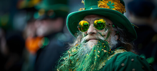 A funny man wearing a leprechaun hat and sunglasses with green beard and clover leaves. St. Patrick's Day concept. - obrazy, fototapety, plakaty