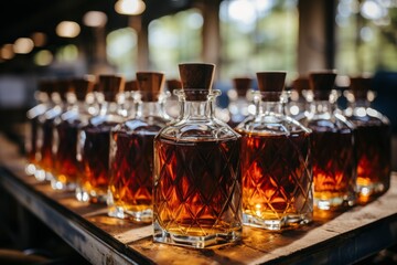 Whiskey production process  aging, bottling, and distilling at a renowned whiskey production company - 748712563