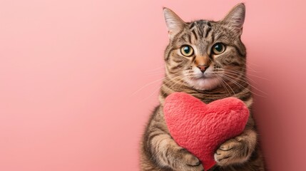 Adorable tabby cat with big eyes playfully holding a red heart-shaped toy, ideal for Valentine's Day cards or pet product marketing, isolated background, copy space text, 