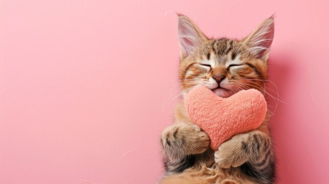 Adorable tabby cat sleeping with holding a pink heart-shaped toy, ideal for Valentine's Day cards or pet product marketing, isolated background, copy space text, 