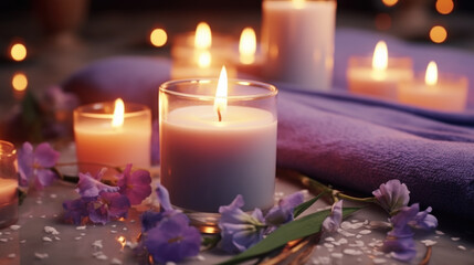 Obraz na płótnie Canvas A table with candles and flowers, the candles are lit and the flowers are purple