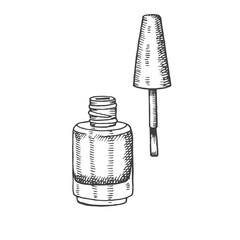 Hand drawn bottle and brush of gel polish, nail polish in sketch style. engraving cosmetics. Vector makeup illustration