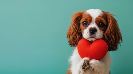  Adorable Cavalier King Charles Spaniel Puppy Holding Pink Heart Plush Toy - Isolated Background  copy space 