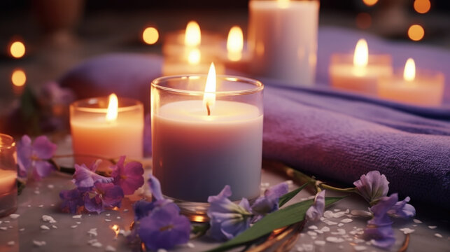 A table with candles and flowers, the candles are lit and the flowers are purple