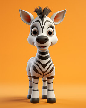 3D Render of a Cute Cartoon Zebra Character on Orange Background