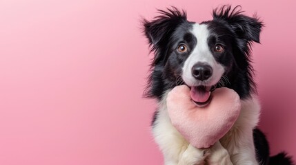 Adorable black and white Border Collie Dog puppy Holding Pink Heart Plush Toy - Isolated sky blue Background, copy space text, 