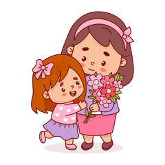 Cute woman with little daughter and bouquet of flowers. Vector illustration flat cartoon style kawaii. Positive holiday female character for birthday, Women's Day, Mother's Day design