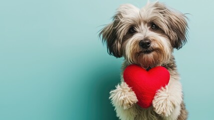 Adorable Havanese dog holding red heart plush Valentine's Day Gift - Isolated Background, copy space,