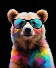 A vibrantly colored bear wears glasses, a bold and artistic expression of personality and style, set against a stark black background. AI generation