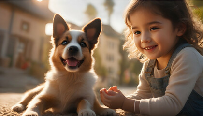 A child gleefully playing with a pet, radiating pure joy and innocent enjoyment - obrazy, fototapety, plakaty