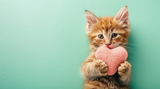 Adorable Playful Kitten Holding a Pink Plush Heart with paws on a Soft Green Background, 