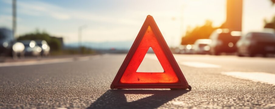 Red warning triangle is on road while good weather, car accident, banner. Generative Ai.