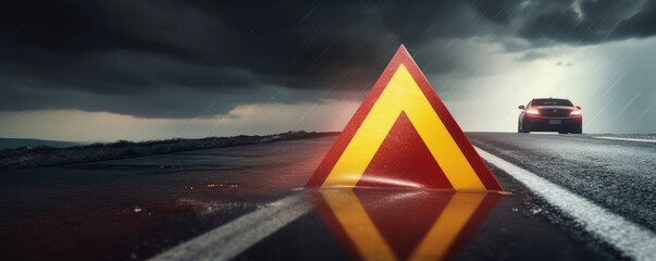 Red warning triangle is on wet road while bad weather, car accident, banner. Generative Ai. - obrazy, fototapety, plakaty