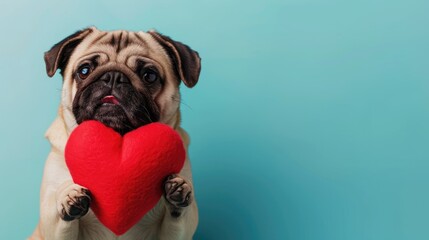 Adorable Pug Dog Puppy Holding Red Heart with the paws , Sending Valentine's Day Love, Valentine's...