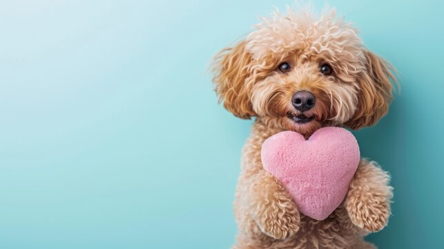 Adorable Poodle Puppy Dog Holding Plush pink Heart with the paws ,Valentine's Day greetings, studio pet portrait , animal illustrations, isolated background, copy space, 