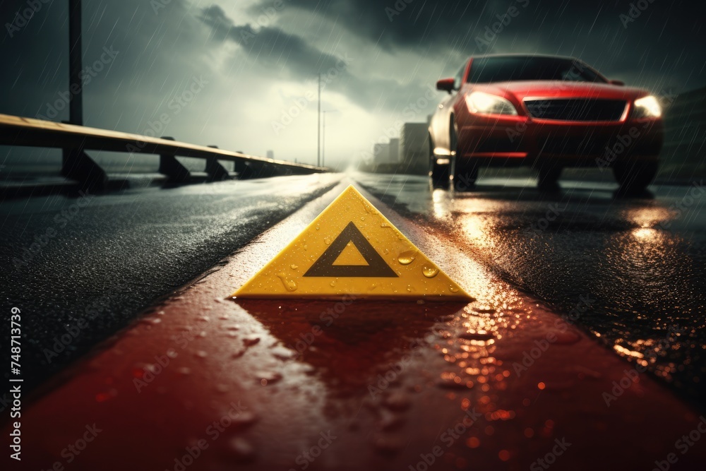 Wall mural Red warning triangle is on wet road while bad weather, car accident. Generative Ai. - Wall murals