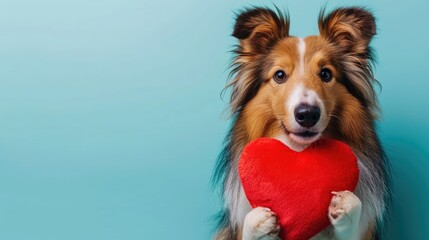 Adorable Shetland Sheepdog  Holding Red Plush Heart with the paws , isolated gray sky blue...