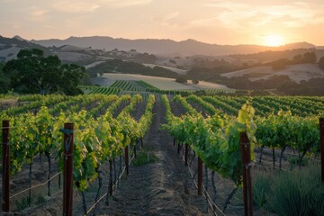 Vineyard at sunset, with rows of grapevines stretching to the horizon, bathed in the warm glow of...