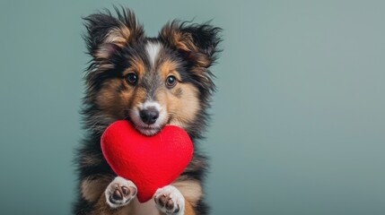 Adorable Shetland Sheepdog Puppy Holding Red Plush Heart with the paws , isolated gray background, ...
