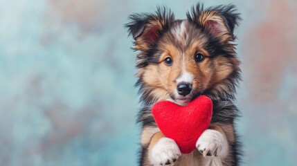 Adorable Shetland Sheepdog Puppy Holding Red Plush Heart with the paws , isolated background, ...