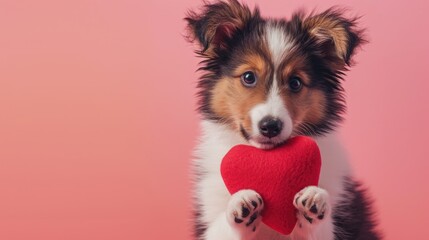 Adorable Shetland Sheepdog Puppy Holding Red Plush Heart with the paws , isolated pink background, ...