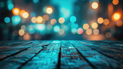 A blurry image of a city street with lights and a wooden table in the foreground