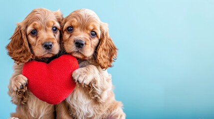 Two Adorable Cocker Spaniel Puppies Playfully Holding Red with the paws, Valentine's Day greetings, pet photos, animal illustrations, isolated background, copy space, 