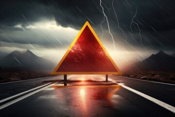 Red warning triangle is on wet road while bad weather, car accident. Generative Ai. - obrazy, fototapety, plakaty
