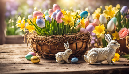 Ostern bunte bemalte Eier Dekoration mit Grün und Blumen frühlingshaft frisch in hellen Pastell Tönen Osterkorb auf Holztisch  Sonnenstrahlen weiches helles Licht Hintergründe und Vorlage
